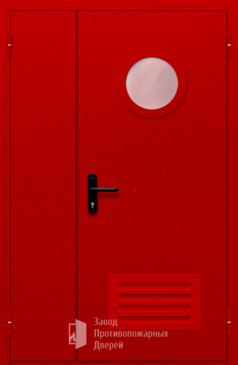 Фото двери «Полуторная с круглым стеклом и решеткой (красная)» в Талдому